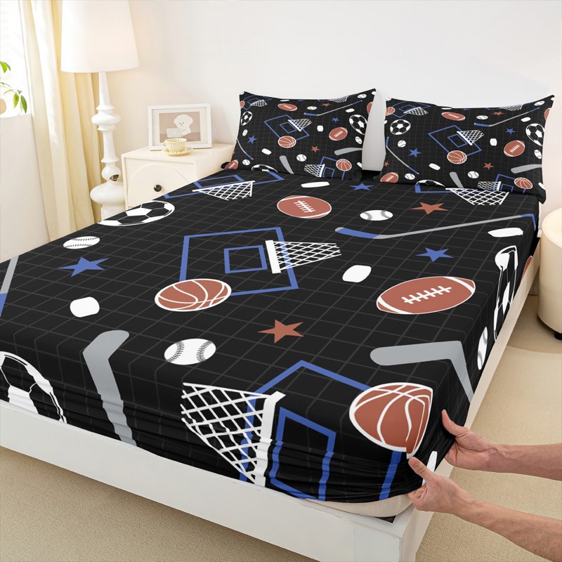 Castle Fairy Twin 3pc Sheet Set - Geometric Plaid & Sport Gamer Breathable Microfiber (Black Blue Brown) Twin