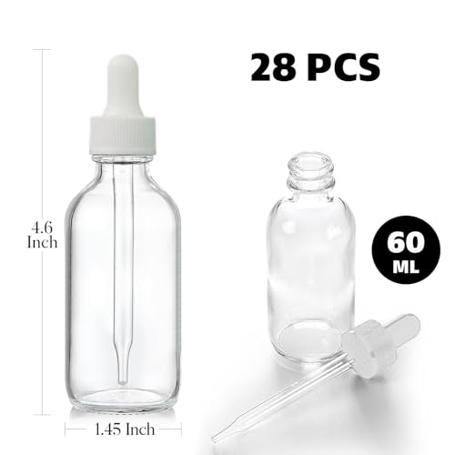 28 Pcs Clear 2oz Dropper Bottles Glass,60ml Empty Bottles,Leakproof for Tinctures, Essential Oils for Storage and Travel,Bottles for Droppers for Oils, Medicine Dropper, Eye Dropper