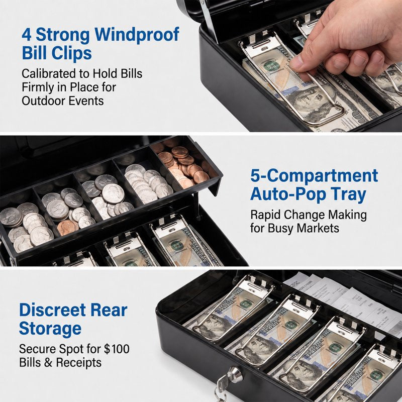 Large Metal Cash Box with Lock and Coin Tray, Portable Organizer