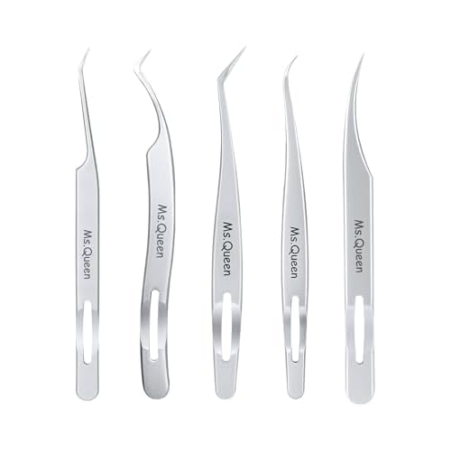 Ms.Queen Lash Tweezers for Eyelash Extensions, 5 Pcs Tweezers Set Professional Fine Tip Curved 45 Degree Lash Tweezers for Classic, Volume & Mega Volume Lashes - Ideal for Lash Artists