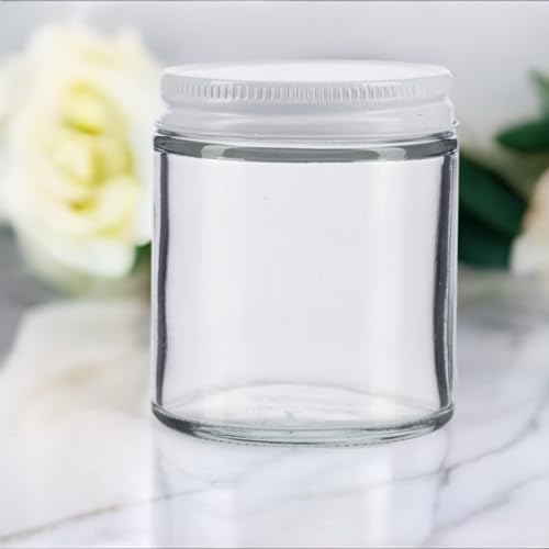 (6 pack) 4 oz / 120 ml Clear Thick Glass Straight Sided Jar with White Metal Airtight Lid