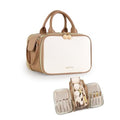 Prite Makeup Bag for Women, Large Capacity Waterproof Travel Cosmetic Organizer, Portable Open Flat Toiletry Bag with Free-standing Brush Holder and Handle(Beige Brown Medium)