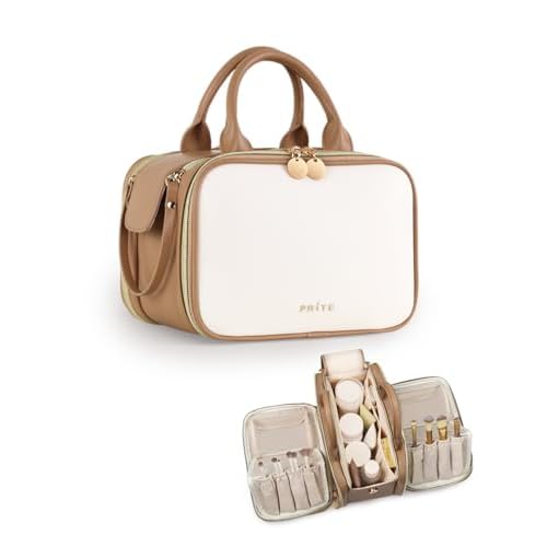 Prite Makeup Bag for Women, Large Capacity Waterproof Travel Cosmetic Organizer, Portable Open Flat Toiletry Bag with Free-standing Brush Holder and Handle(Beige Brown Medium)