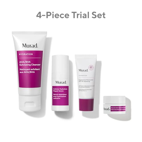 Murad Hydrate Trial Kit ? Dewy Skin Set with AHA/BHA Cleanser 2.0oz, Hydration Serum 0.33oz, Hydro-Hyaluronic Cream 0.25oz, Superactive SPF 50 Moisturizer 0.8oz | Travel Skincare for Radiant Skin