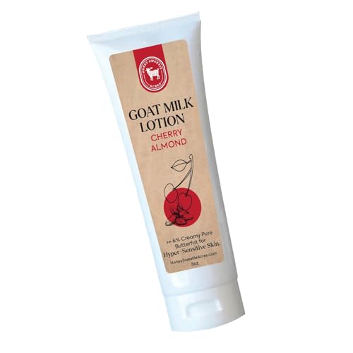Honey Sweetie Acres Fresh Off The Goat All-Natural Goat Milk 8 oz Cherry Almond Body Lotion is a cruelty-free, handmade lotion that hydrates and moisturizes - Made in the USA