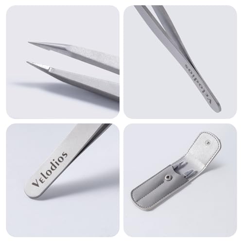Tweezers for Eyebrows, Pointed TipTweezers for Women Facial Hair, Ingrown Hair Removal, Slanted and Pointed Tip Tweezers Set with PU Travel Case (Slant & Pointed Tweezers Set)