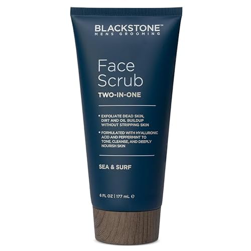 Blackstone Men's Grooming 2-in-1 Facial Scrub & Shave Gel with Hyaluronic Acid and Peppermint - Cleanse & Exfoliate | Hydrates Skin After Shaving | USA Made, Sea & Surf (6 Fl Oz)