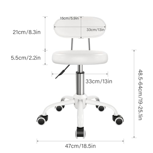 Rolling Stool with Wheels Swivel Stool with Back Height Adjustable Chair PU Leather Rolling Chair Ideal for SPA Salon Home Office Drafting Work (White)