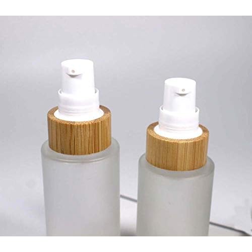 Frosted Glass Lotion Bottle,2 Pack Cosmetic Cream Bottles With Bamboo Lid Empty Travel Spray Bottles Pump Dispenser For Essential Oil Emulsion Essence Liquid (100ml)