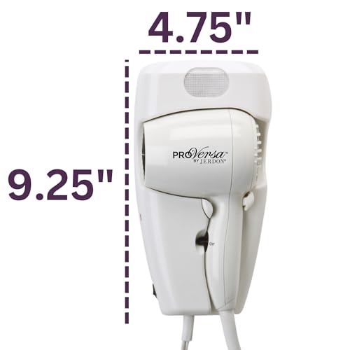 Jerdon Wall-Mount Hair Dryer - White Plug-in Hotel Style with 32 Power Cord - Wall Mounted JWM8C