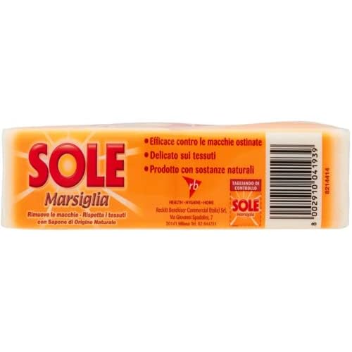 Sole:"Sole Marsiglia" Marseille Laundry Soap for Pre-Treating 8.8 Ounce (250gr) Soaps (Pack of 4) [ Italian Import ]