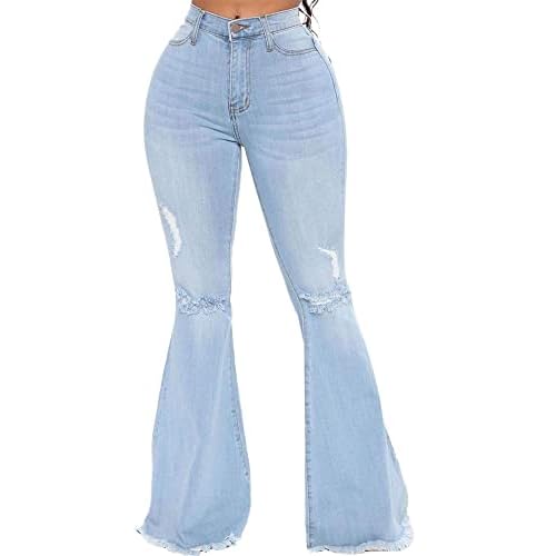 Women's Fashion Bell Bottom Pants High Waist Tassel Stretch Curvy Fit Jeans Blue