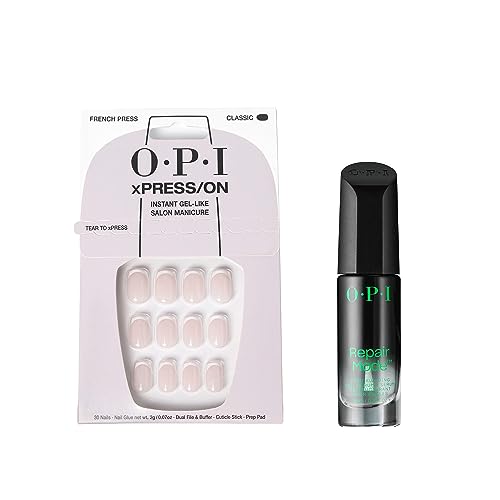 Bundle of OPI xPress/ON Press On Nails, With Nail Glue, French Tip Nail Art, Short, French Press + OPI Repair Mode Bond Building Nail Serum, Clear, 0.3 fl oz
