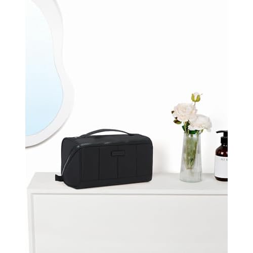 NISHEL Travel Makeup Bag for Women, Fluffy & Lightweight Open Flat Cosmetic Organizer with Multiple Functional Divider for Brush Independent Storage, Handle for Easy Portability, Large, Black