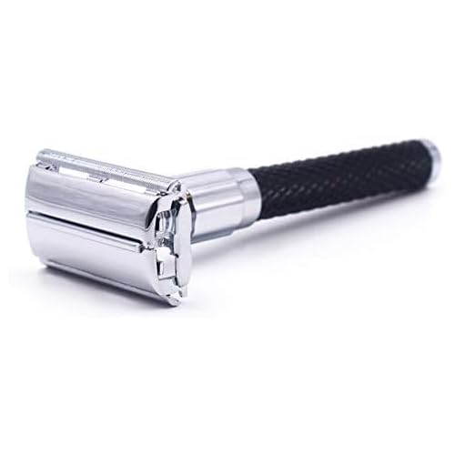 Parker 92R Graphite Gray, Long Handle Heavyweight Butterfly Open Double Edge Safety Razor for Men, 5 Parker Premium Platinum Double Edge Razor Blades Included
