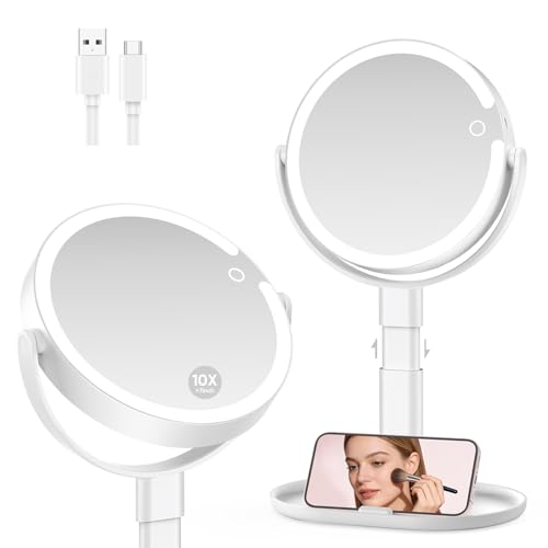 Lighted Makeup Mirror with 10X Magnification, Rechargeable LED Magnifying Vanity Mirror with 3 Lights, Adjustable Height, Storage Base and Phone Holder, Gift for Women, White, 7 inch