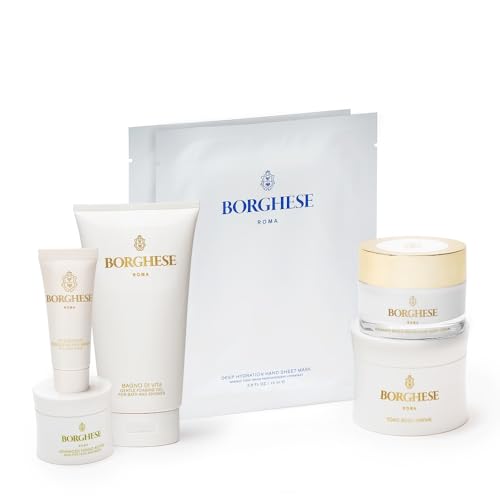Borghese 7-Piece Skin Perfecting Gift Set - Includes Mud Mask, AHA BHA Overnight Mask, Night Face Cream, Hand Sheet Masks, Shower Gel, & Body Cream