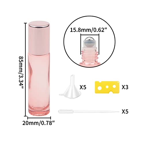 JIUWU 33Pcs Glass Roll on Bottles, 10ml Bright Rose Gold Roller Bottles Vials for Perfumes Aromatherapy Essential Oils Lip Balm Liquid, Accessories include