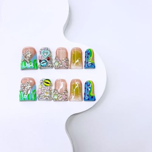 10 Pcs Handmade Duck Press on Nails Short Design 3D Stars Colorful Fake Nails Full Cover Thick French Tip False Nails with Rhinestone Acrylic Reusable Stick on Nails for Women DIY Decoration£¨Size M£©