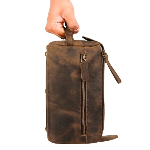 KomalC Premium Buffalo Leather Toiletry Bag for Men & Women With Water resistant Lining, Grooming Travel Pouch, Unisex Wash Bag for Toiletries, Gifts for Men and Women