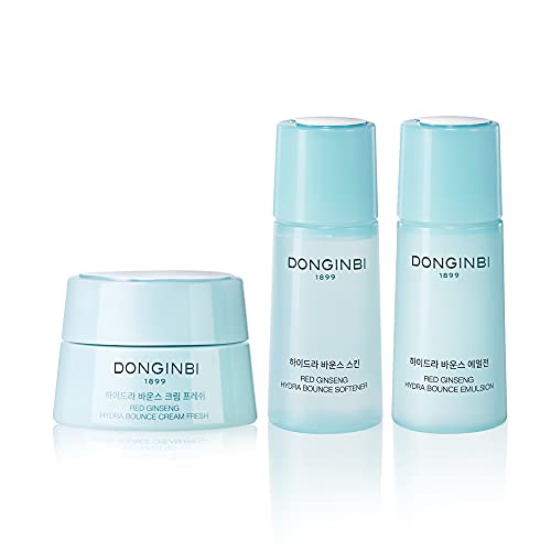 Donginbi Red Ginseng Hydra Bounce Cream Fresh Travel Kit - Hydrating Toner with Hyaluron Acid, Soothing & Firming Cream, Red Ginseng Essence, Korean Skin Care Set Gifts for Women