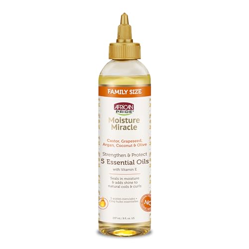 African Pride Moisture Miracle 5 Essential Hair Oils with Vitamin E | Moisture, Shine, Protection, and Growth | Argan, Castor, Grapeseed, Coconut, and Olive Oil | 8 oz