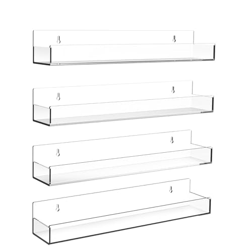 Clear Acrylic Floating Shelves Wall Mounted 15 Inch Invisible Kids Bookshelf Figurine Display Shelf Spice Rack for Office Bathroom Kitchen (4 Pack)