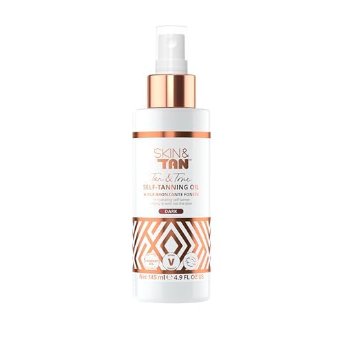 Skinny Tan Tan and Tone Self Tanning Oil Spray - No Need to Rinse - Hydrating and Toning Self Tanner for Healthier Looking Skin - Blurs Appearance of Stretch Marks - Dark Self Tan - 4.9 oz