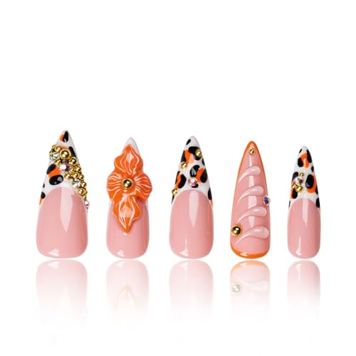 LOVFUL Press on Nails Tropical Sunset | Handmade with Full Covered Crystals | Reusable Full Cover Nails | Stiletto Classic Regular 1.3 in | H374-M