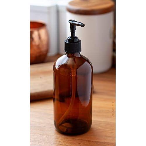 (4 Pack) 16 oz Amber Glass Boston Round Bottle with Black Lotion Pump