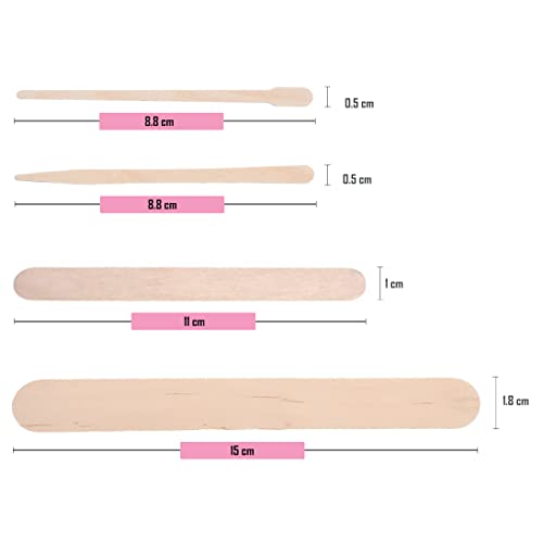 Mibly 4 Style 500 Pcs Assorted Wooden Wax Sticks for Body Legs Face and Small Medium Large Sizes Eyebrow Waxing Applicator Spatulas for Home and Spa Usage