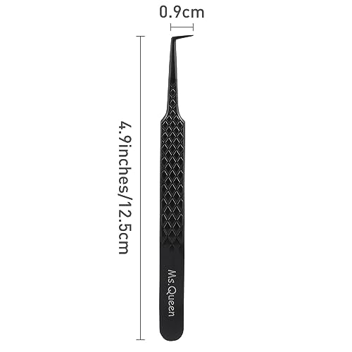 Ms.Queen Lash Tweezers for Eyelash Extensions, Diamond Grip 90 Degree Fiber Tip Volume Lash Extension Tweezers,Black