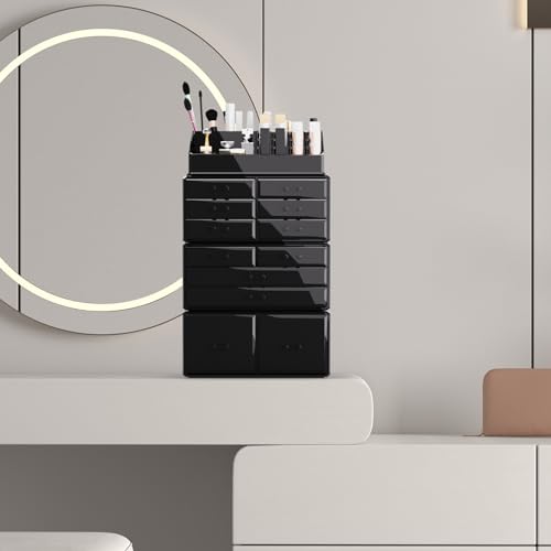 Readaeer Makeup Cosmetic Organizer Storage Drawers Display Boxes Case with 12 Drawers (Black)