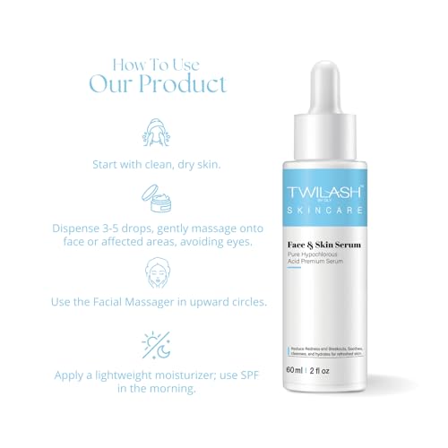 Pure Hypochlorous Acid Face & Skin Serum 2-Pack (60ml Each) ? Hydrating, Calming & Redness-Reducing with Facial Massager ? Gentle, Non-Irritating for Sensitive Skin ? 120ml Total
