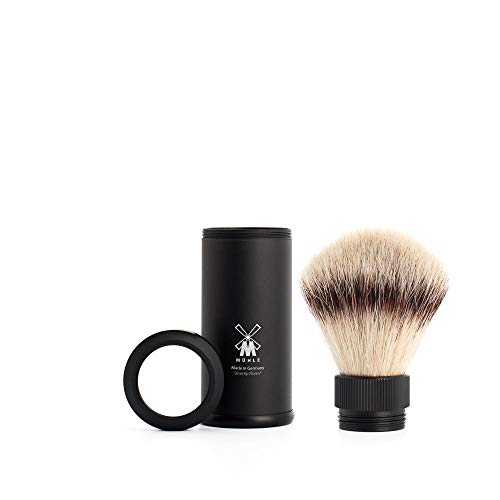 M?HLE Travel Black Aluminum Silvertip Fibre Shaving Brush - Portable Synthetic Luxury Shave Brush for Men, Rich Lather