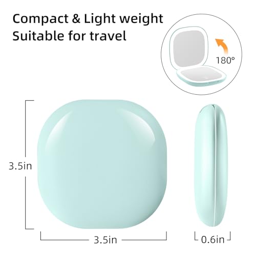 Compact Magnifying Travel Makeup Mirror with LED Light - 3.5 inches 1X/10X Magnification Small Hand Pocket Dimmable Double Sided USB Rechargeable Touch Screen, Portable Tabletop Cosmetic (Green)