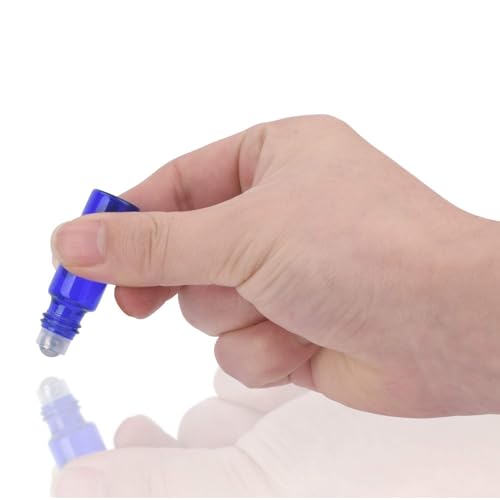Easytle 96 Pack Essential Oil Roller Bottles 5ml Blue Glass, Reusable, Leak-Proof, UV Protection, Travel & Personal Care, 384 Labels, 8 Opener, 16 Funnels, 16 Droppers