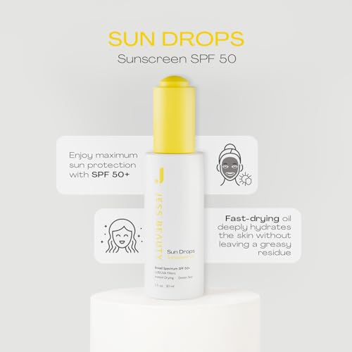 JESS BEAUTY | Face Sunscreen Sun Drops SPF 50 Skin Care Oil with Camellia Sinensis & Squalane | Skincare Fast Drying 1 fl. oz