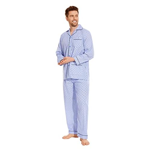 GLOBAL Mens Pajamas Set, 100% Cotton Woven Drawstring Sleepwear Set with Top and Pants/Bottoms