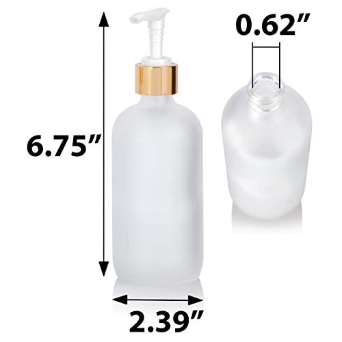 JUVITUS (4 pack) 8 oz Clear Frosted Glass Boston Round Bottle with Gold Lotion Pump