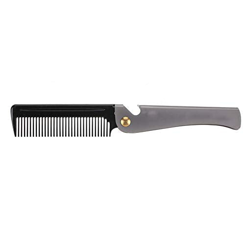 Pocket Folding Beard Comb Metal, Stainless Steel Moustache Comb with Smooth Round Teeth for Men Grooming and Beard Maintenance Tool (Black + Stainless Steel Plating)