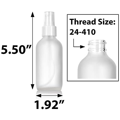 JUVITUS 4 oz / 120 ml Frosted Clear Glass Boston Round Bottle with White Treatment Pump BPA Free Refillable Empty Storage Containers (6 Pack)