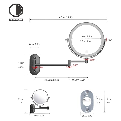 8¡°Wall Mounted Makeup Mirror With Lights, 10x Magnifying Mirror Wall Mount for Vanity, Bathroom and Shaving, Rechargeable Wall Mounted Makeup Mirror Swing Arm with Adjustable Brightness (Black-10X)