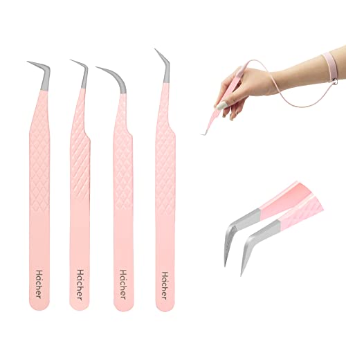 Fiber Tip Grip Lash Tweezers for Eyelash Extensions, Set of 4 Pcs Volume Boot 90 Degree Tweezers Eyelash Extension
