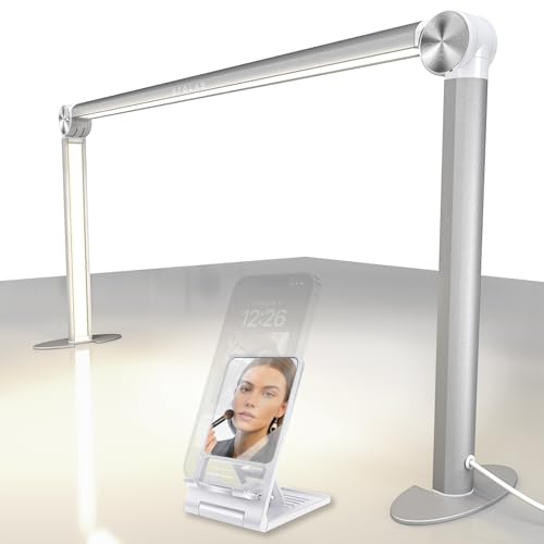 STOLAS Half Moon Light for Nail Desk with Phone Holder, 14 inch Height 3 Modes 3000K-6000K Dimmable LED Light, Desk Lamp for Nail Tech (Silver)