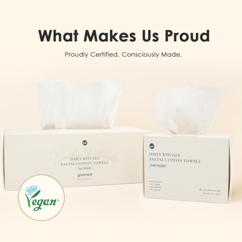 glowiest Daily Ritauls Facial Cotton Towels - Large Essentials, Biobased Face Towel, Disposable Face Towelette, Makeup Remover Dry Wipes, 1 Pack, 80 Ct