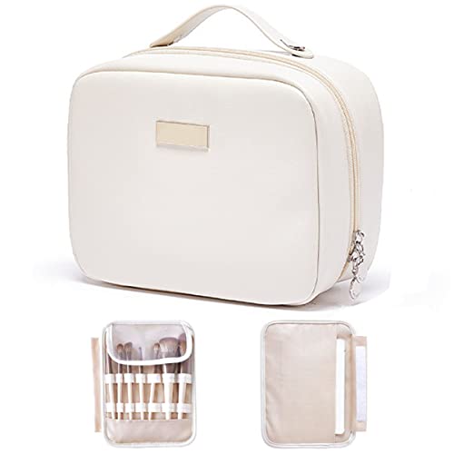 Portable Large Capacity Cosmetic Bag, Skincare Products, Makeup Brush Storage Bag, Double Layer Makeup Bag (White)