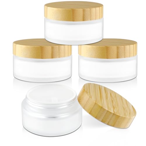 4 Pcs 100g/3.4oz Cosmetic Containers Frosted Glass Jar Empty Sample Jars with Bamboo Lids for Cream Lotion Lip Balm Makeup