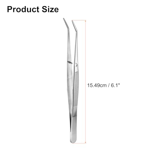 HARFINGTON 2pcs Stainless Steel Tweezers 6.1 Inch Long Handle Curved Serrated Tip Tweezers Multi Purpose for Craft Gardening Industrial Work Laboratory Use Cooking, Silver