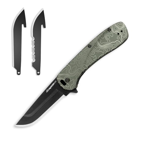 OUTDOOR EDGE RAZOR VX1 | Topo Map Etching | Replaceable Blade EDC Folding Pocket Knife | 3" Stainless Blade, Green Anodized Aluminum Handle, Reversible Pocket Clip | Cool Knife for Men